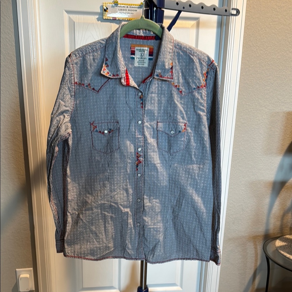 Panhandle rough stock Blue and Red Casual Snap down western Shirt. Size Large